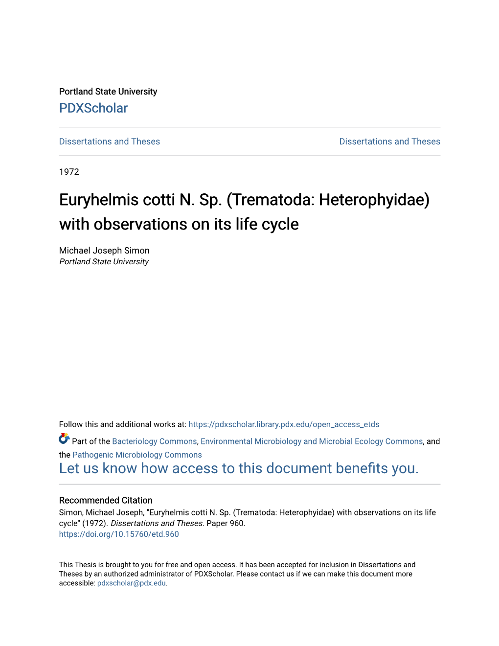 Euryhelmis Cotti N. Sp. (Trematoda: Heterophyidae) with Observations on Its Life Cycle