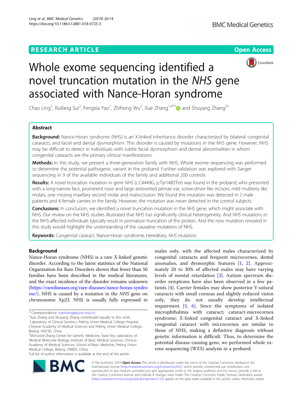 Whole Exome Sequencing Identified a Novel Truncation Mutation in the NHS Gene Associated with Nance-Horan Syndrome