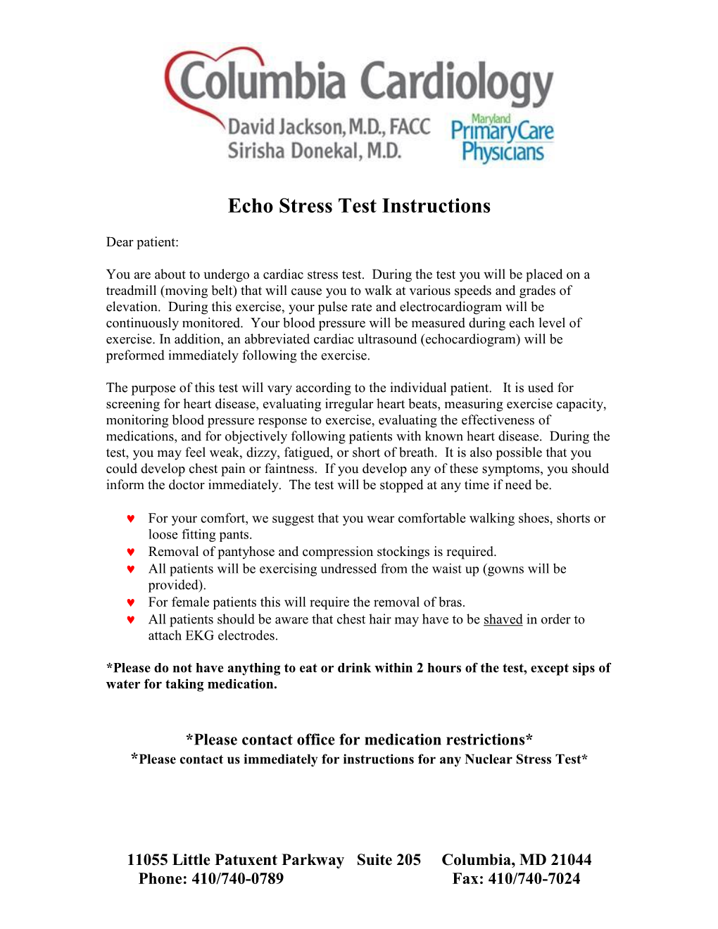 Echo Stress Test Instructions and Patient Authorization Form