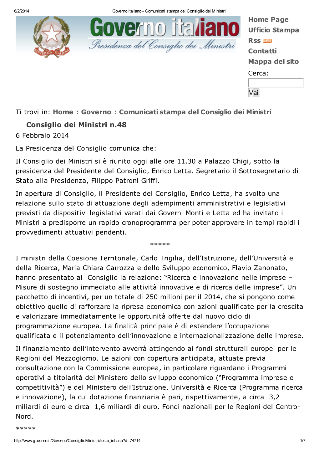 Consiglio Dei Ministri N.48 6 Febbraio 2014