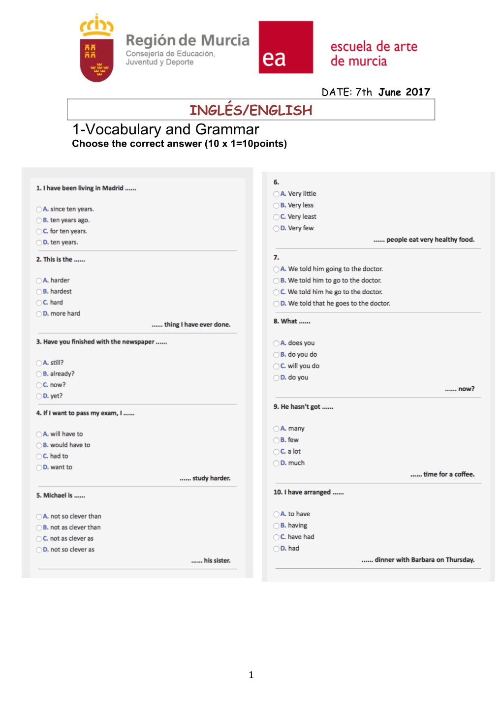 1-Vocabulary and Grammar Choose the Correct Answer (10 X 1=10Points)