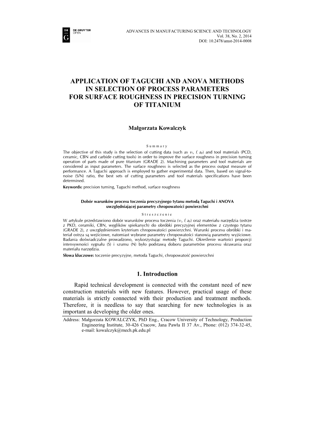 Application of Taguchi and Anova Methods in Selection of Process Parameters for Surface Roughness in Precision Turning of Titanium