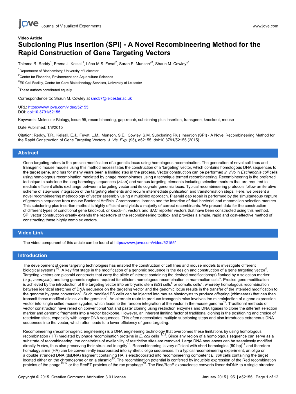 A Novel Recombineering Method for the Rapid Construction of Gene Targeting Vectors