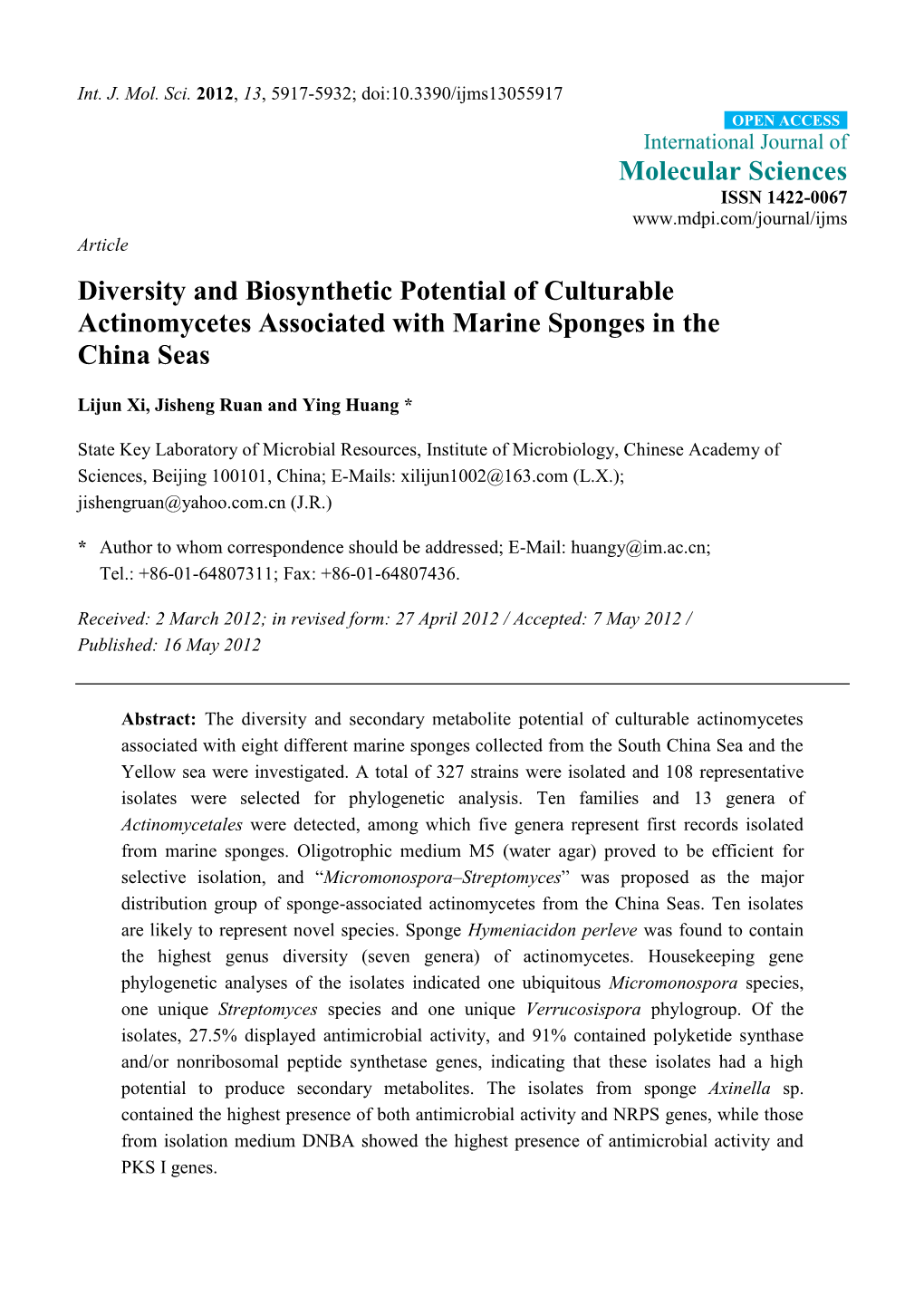 Diversity and Biosynthetic Potential of Culturable Actinomycetes Associated with Marine Sponges in the China Seas