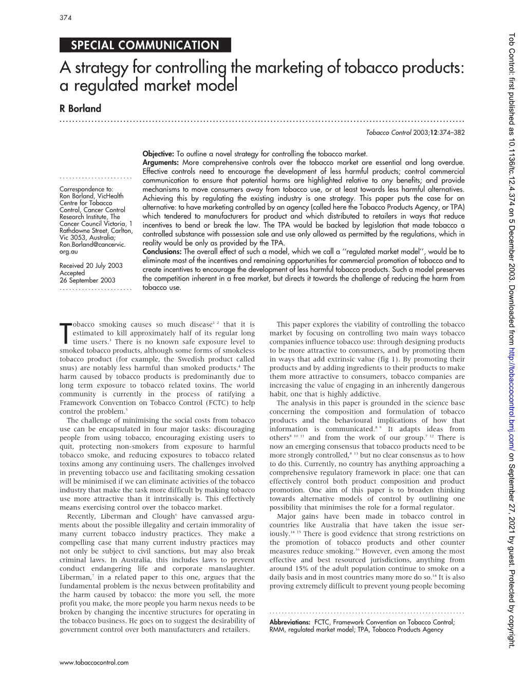 A Regulated Market Model R Borland