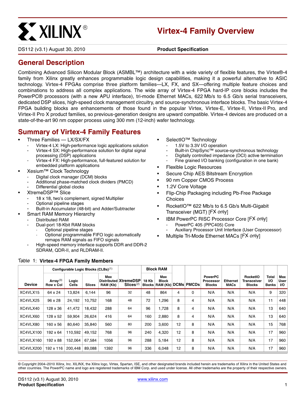 Xilinx DS112 Virtex-4 Family Overview, Data Sheet