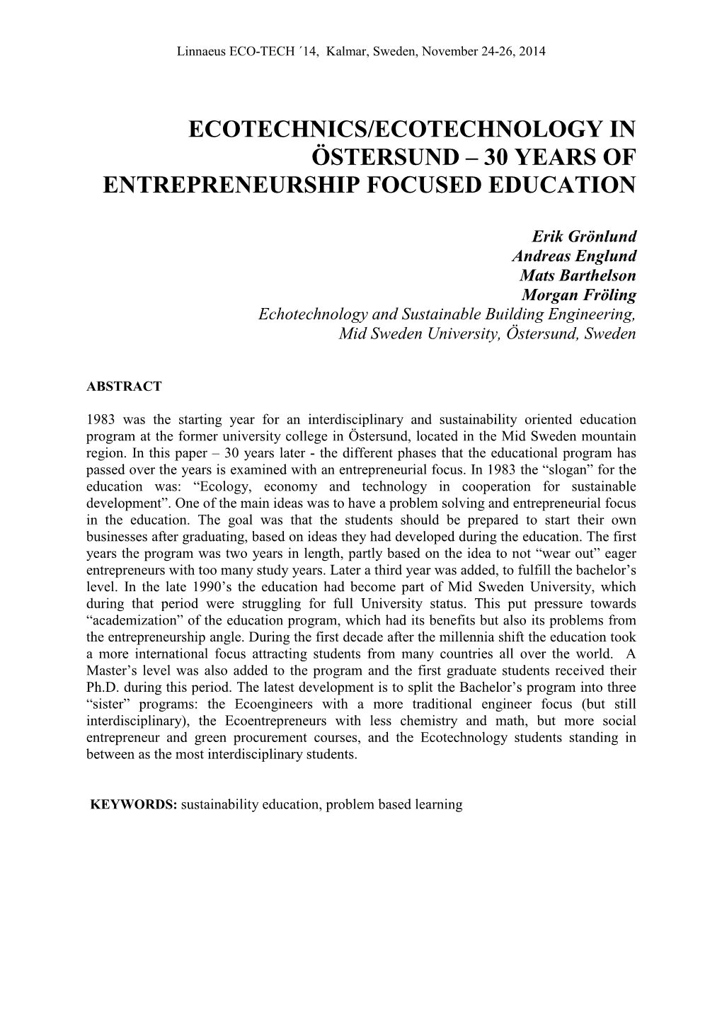 Ecotechnics/Ecotechnology in Östersund – 30 Years of Entrepreneurship Focused Education