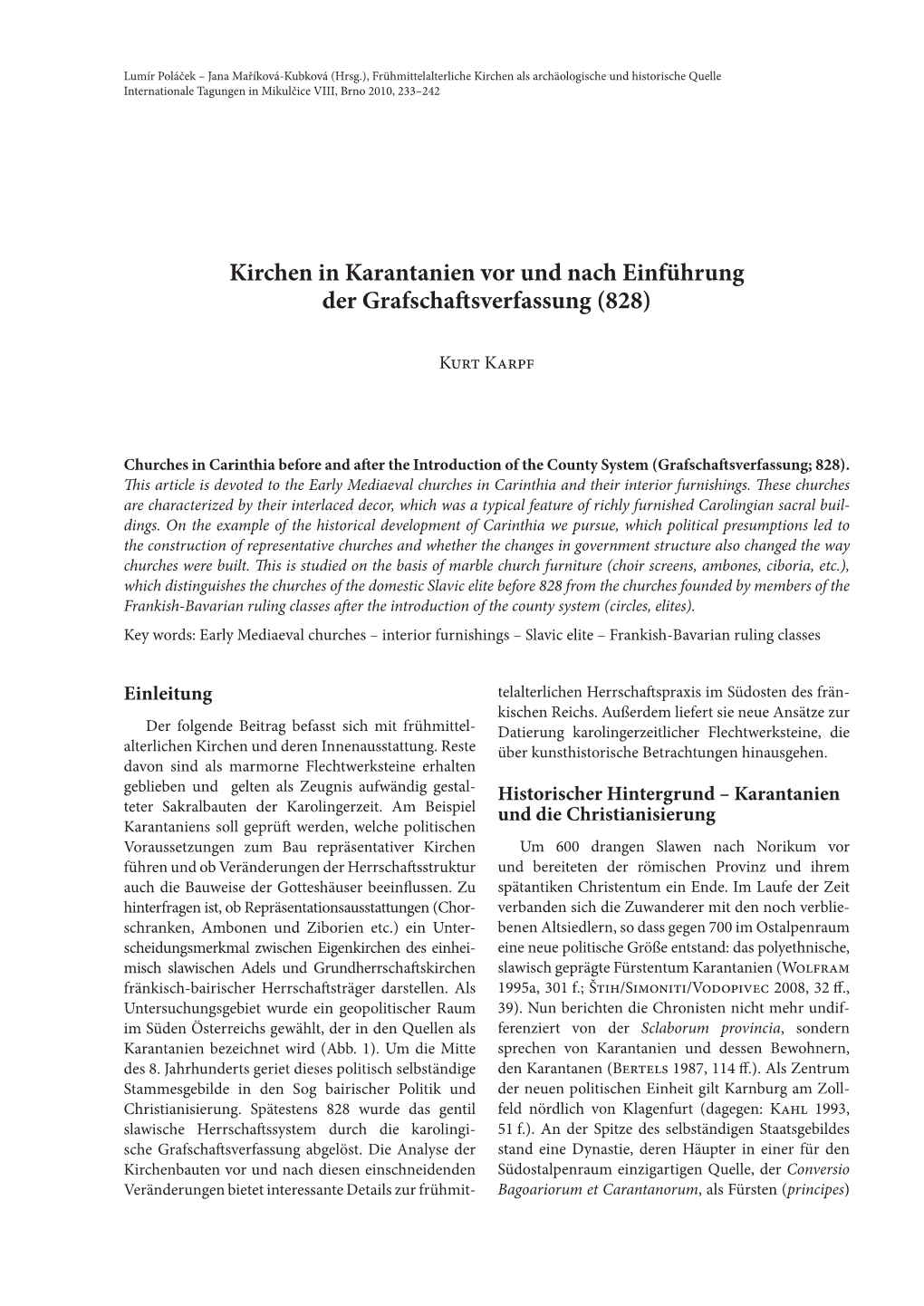 Kirchen in Karantanien Vor Und Nach Einführung Der Grafschaftsverfassung (828)