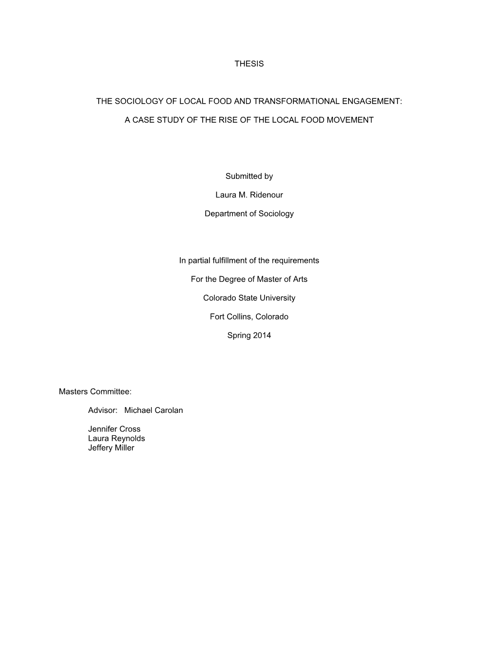Thesis the Sociology of Local Food and Transformational