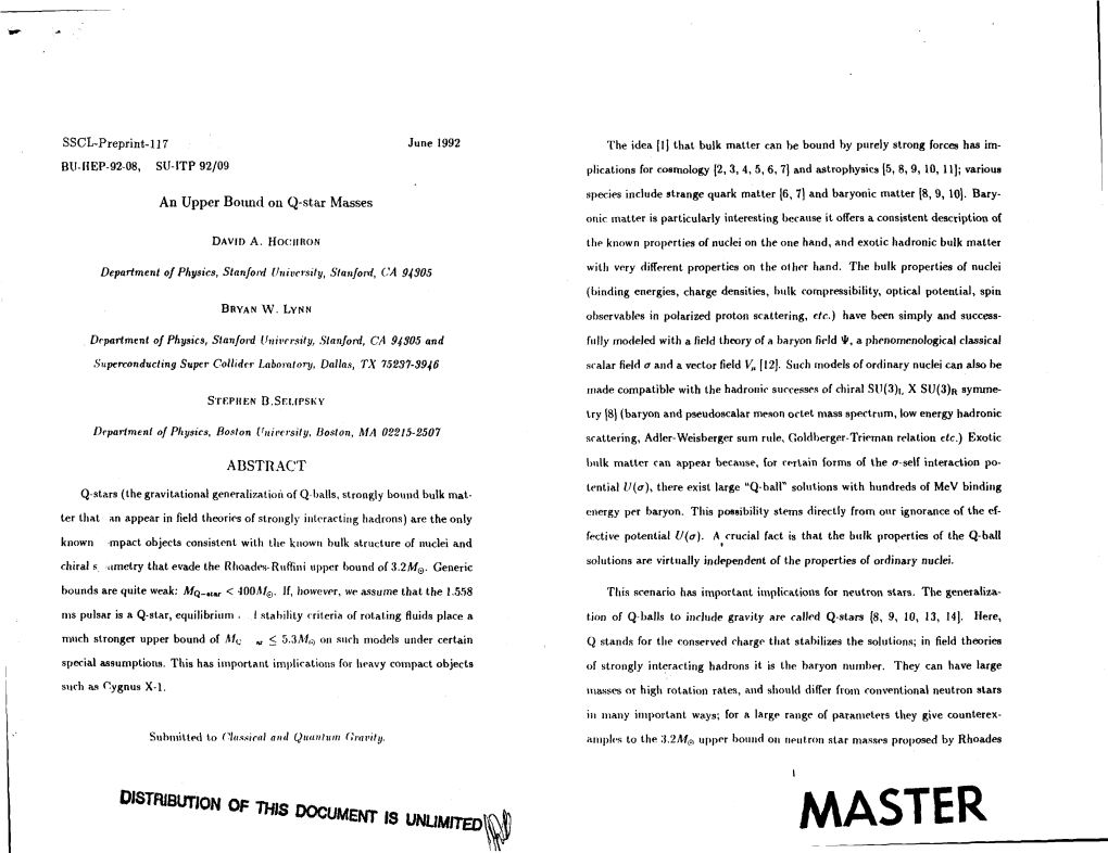 An Upper Bound on Q-Star Masses Onic Matter Is Particularly Interesting Because It Offers a Consistent Description Of