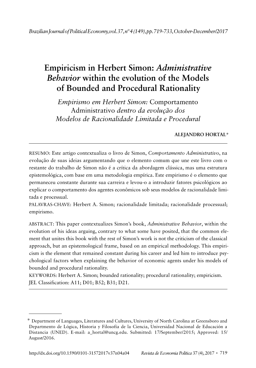 Empiricism in Herbert Simon: Administrative Behavior Within The