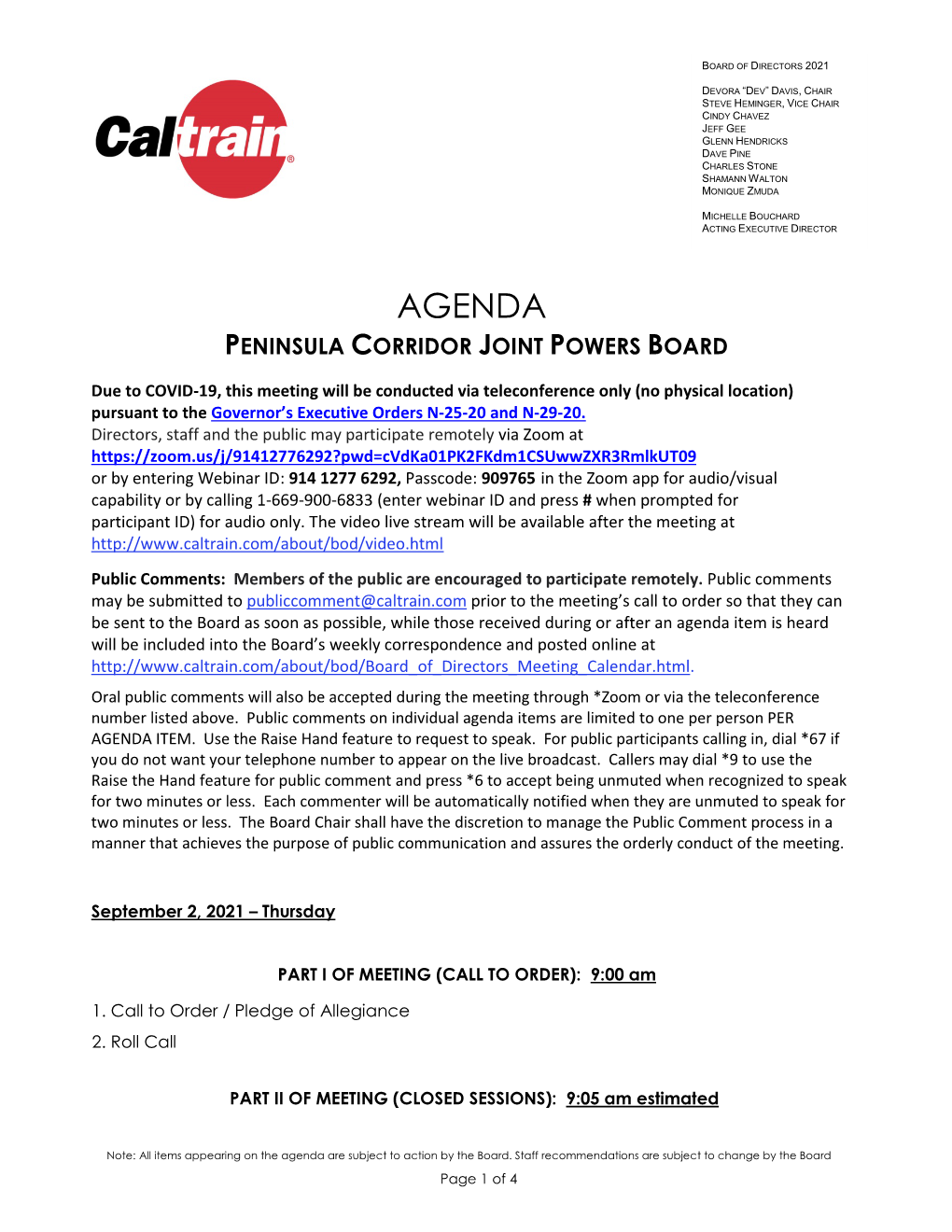 Agenda Peninsula Corridor Joint Powers Board