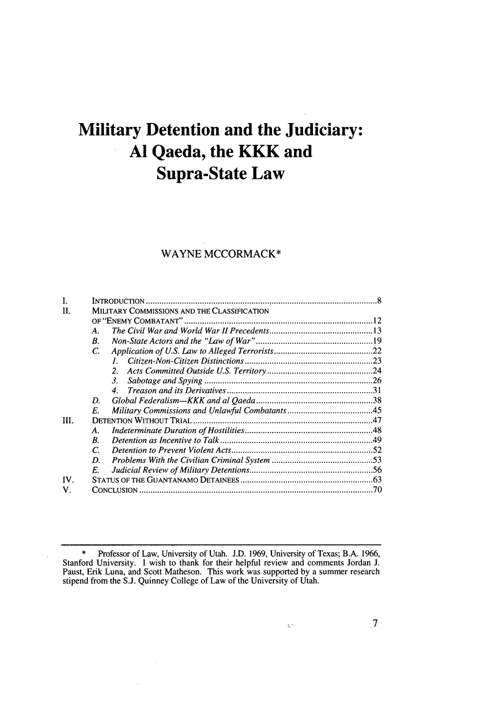 Military Detention and the Judiciary: Al Qaeda, the KKK and Supra-State Law