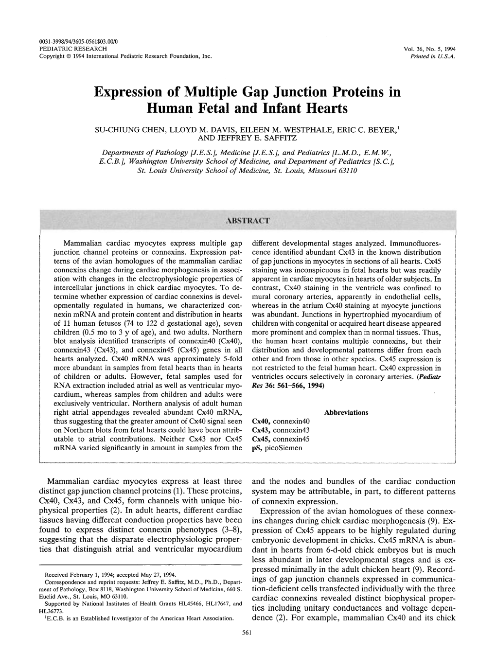 Expression of Multiple Gap Junction Proteins in Human Fetal and Infant Hearts