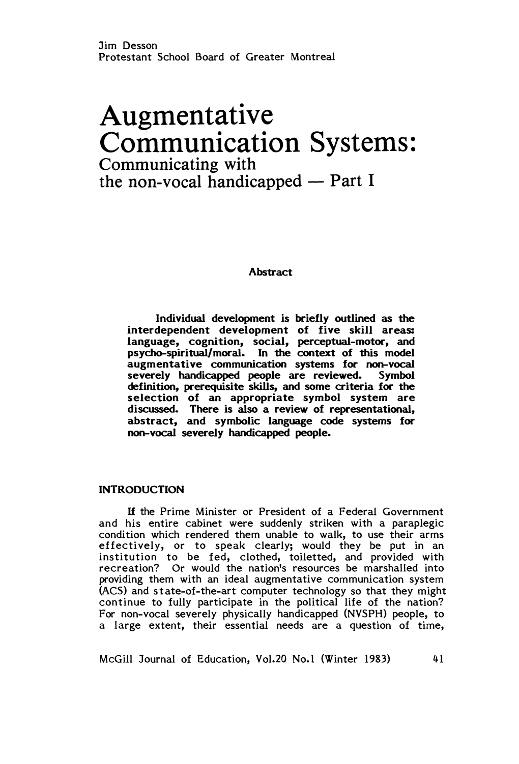 Augmentative Communication Systems: Communicating with the Non-Vocal Handicapped - Part 1