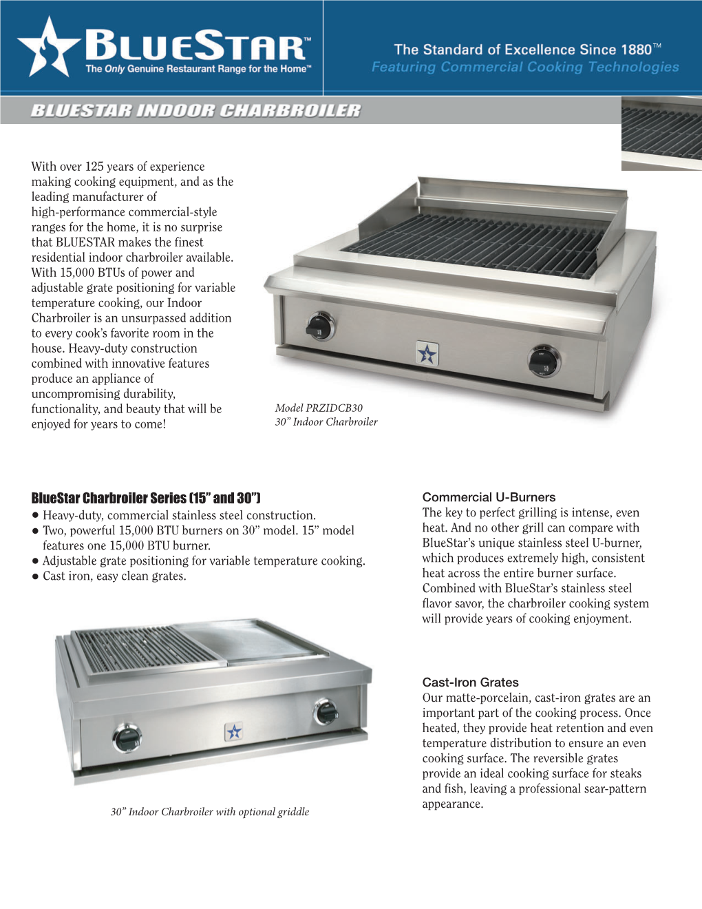 Bluestar Charbroiler Series (15” and 30”) Commercial U-Burners Heavy-Duty, Commercial Stainless Steel Construction