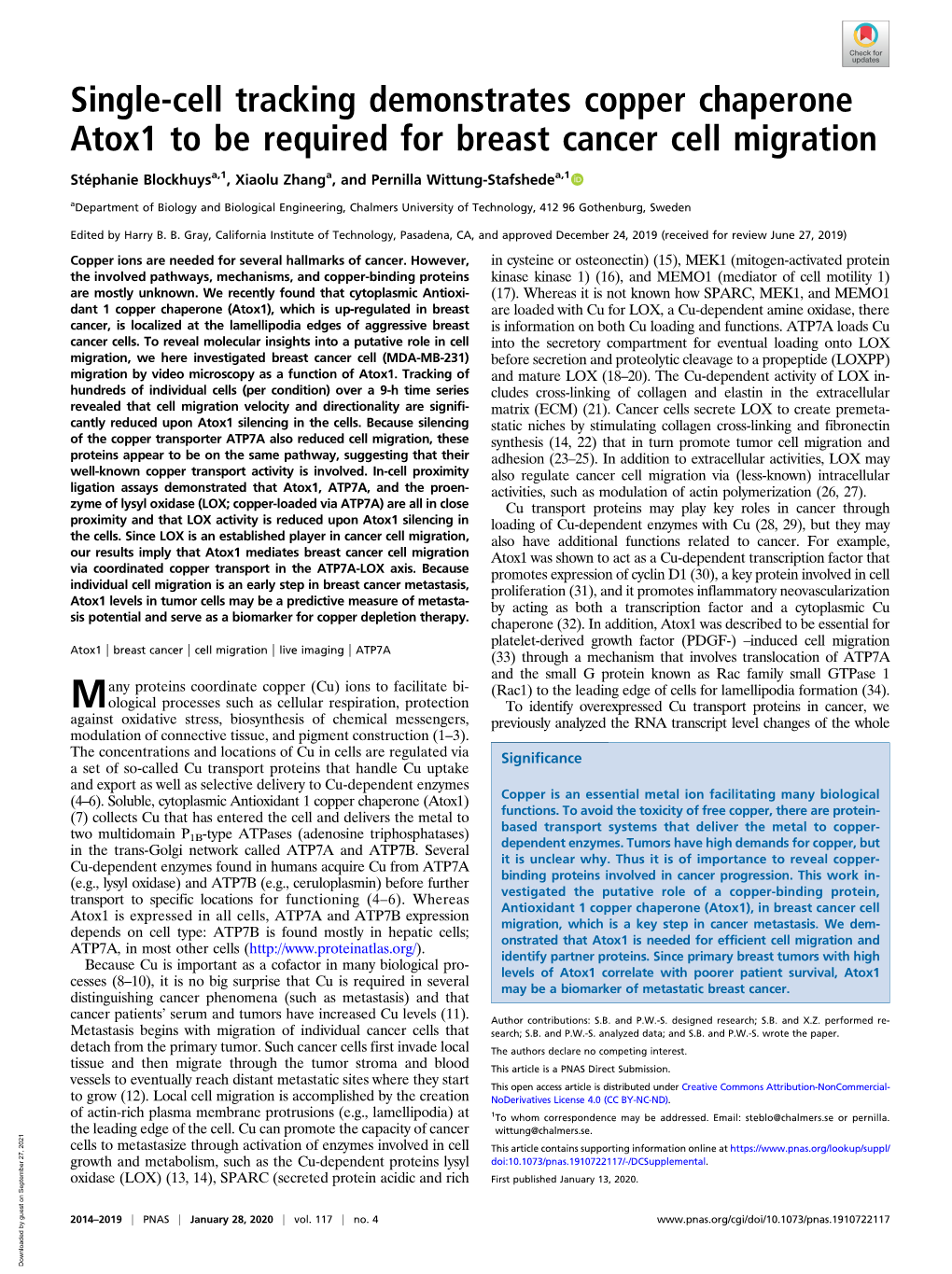 Single-Cell Tracking Demonstrates Copper Chaperone Atox1 to Be Required for Breast Cancer Cell Migration