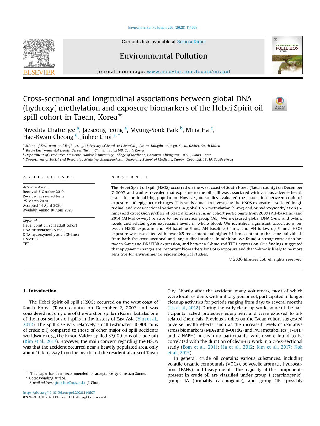 Methylation and Exposure Biomarkers of the Hebei Spirit Oil Spill Cohort in Taean, Korea*