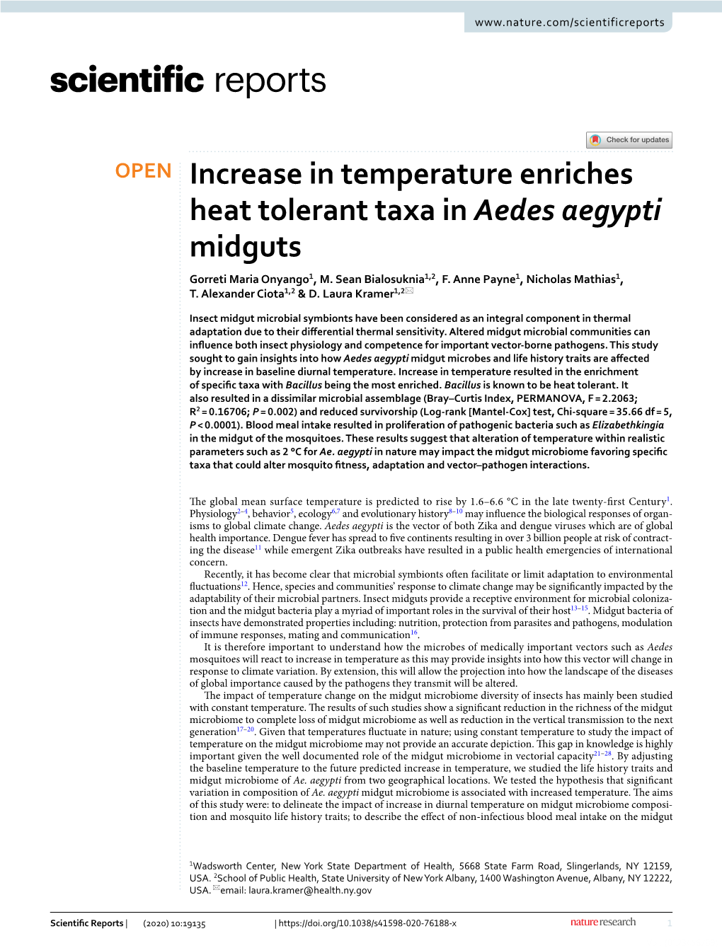 Increase in Temperature Enriches Heat Tolerant Taxa in Aedes Aegypti Midguts Gorreti Maria Onyango1, M