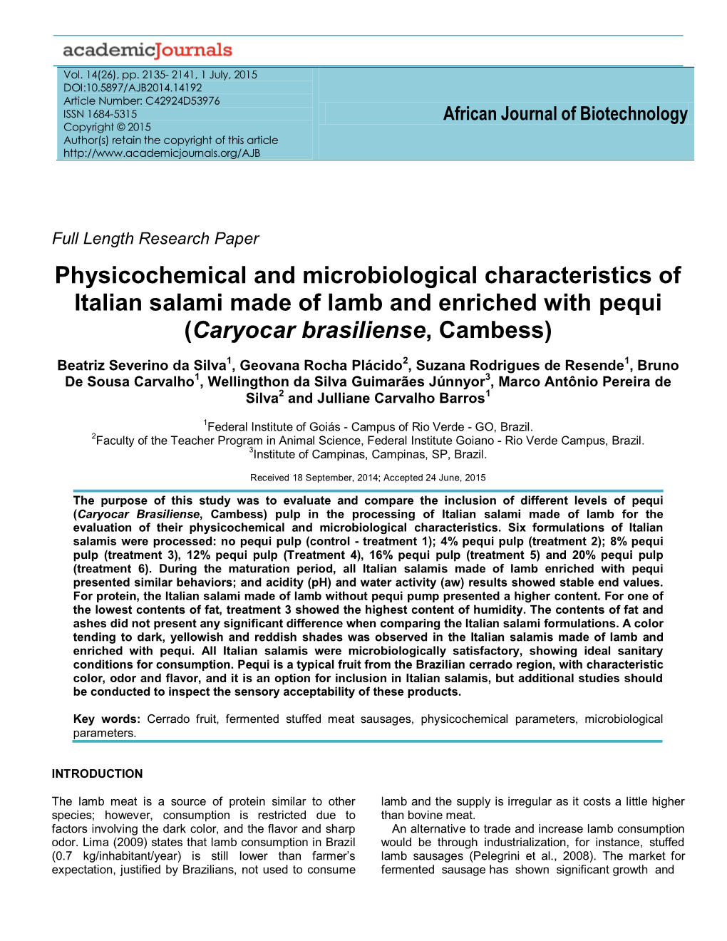 Physicochemical and Microbiological Characteristics of Italian Salami Made of Lamb and Enriched with Pequi (Caryocar Brasiliense, Cambess)