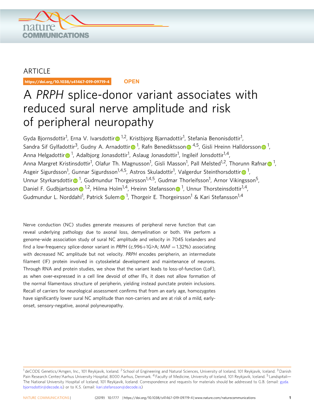 A PRPH Splice-Donor Variant Associates with Reduced Sural Nerve Amplitude and Risk of Peripheral Neuropathy