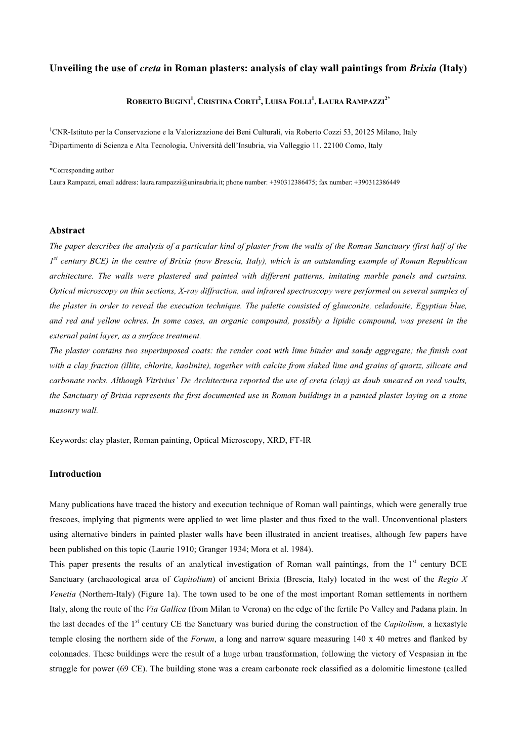 Unveiling the Use of Creta in Roman Plasters: Analysis of Clay Wall Paintings from Brixia (Italy)