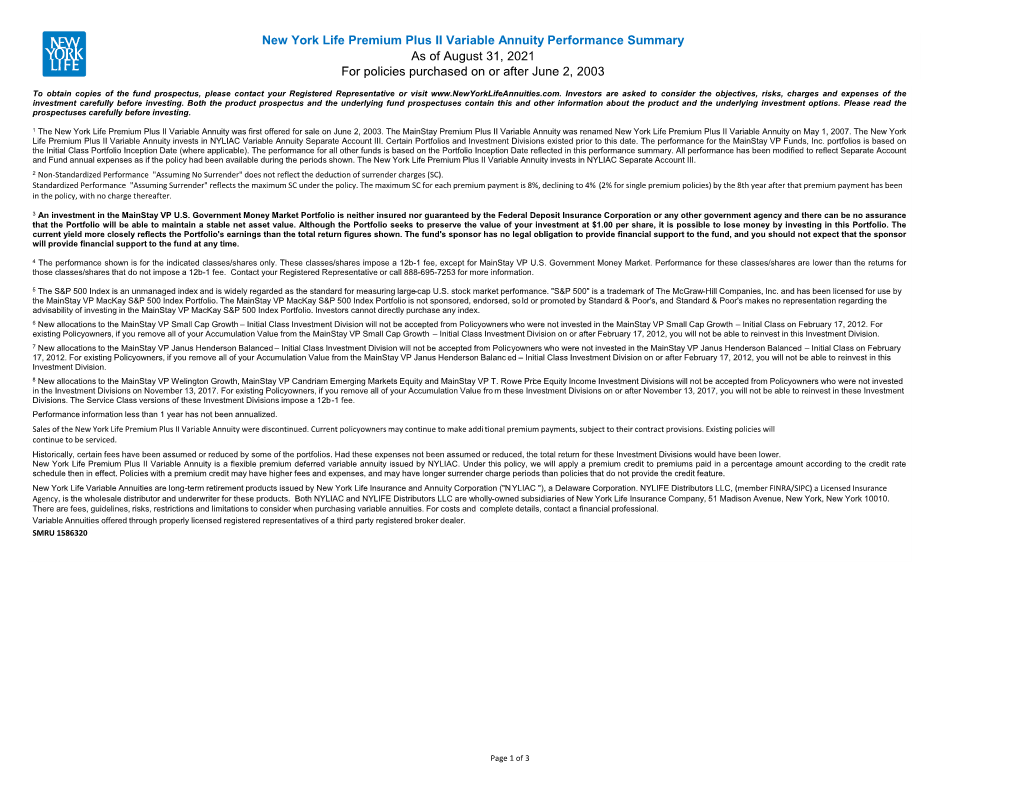 New York Life Premium Plus II Variable Annuity Performance Summary As of August 31, 2021 for Policies Purchased on Or After June 2, 2003