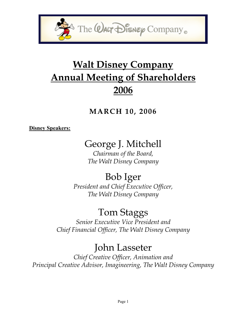 Walt Disney Company Annual Meeting of Shareholders 2006