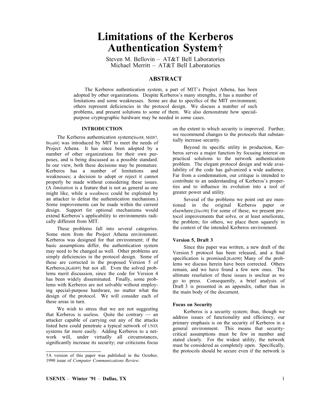 Limitations of the Kerberos Authentication System†