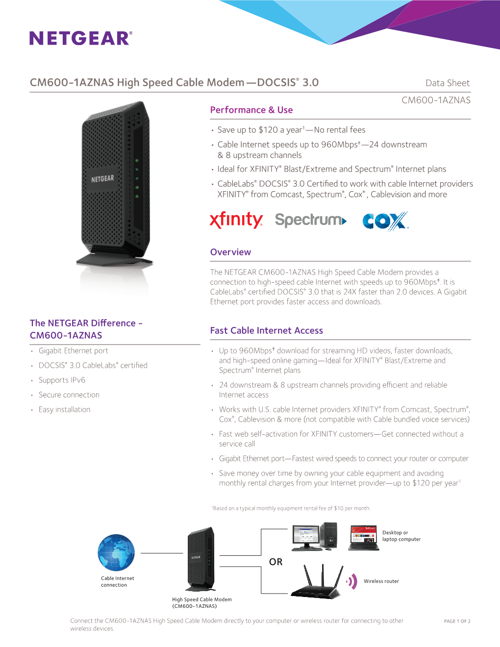 CM600-1AZNAS High Speed Cable Modem—DOCSIS® 3.0 Data Sheet CM600-1AZNAS Performance & Use