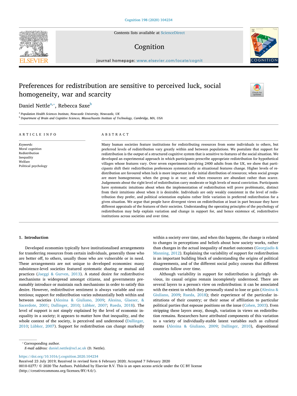 Preferences for Redistribution Are Sensitive to Perceived Luck, Social