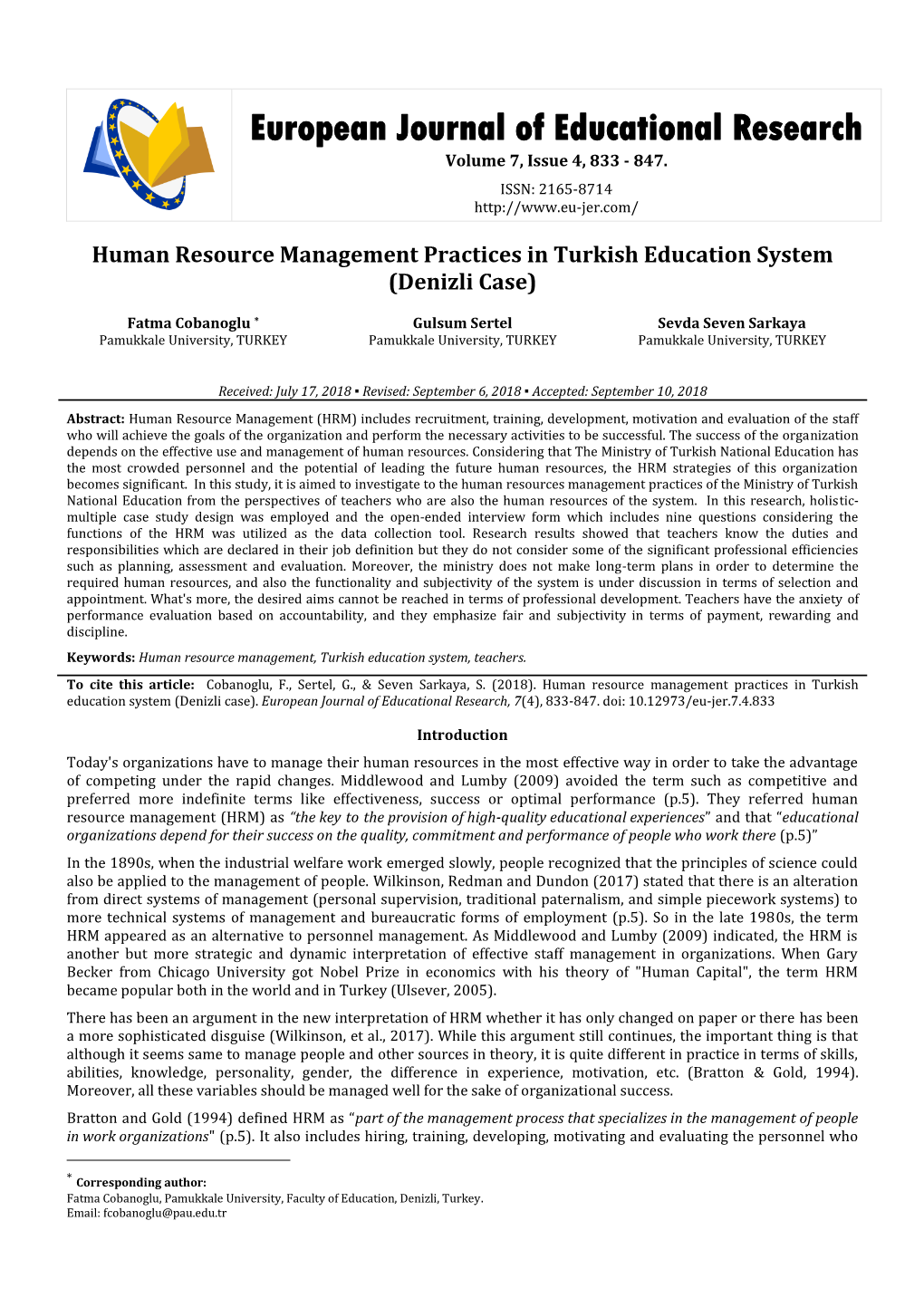 Human Resource Management Practices in Turkish Education System (Denizli Case)