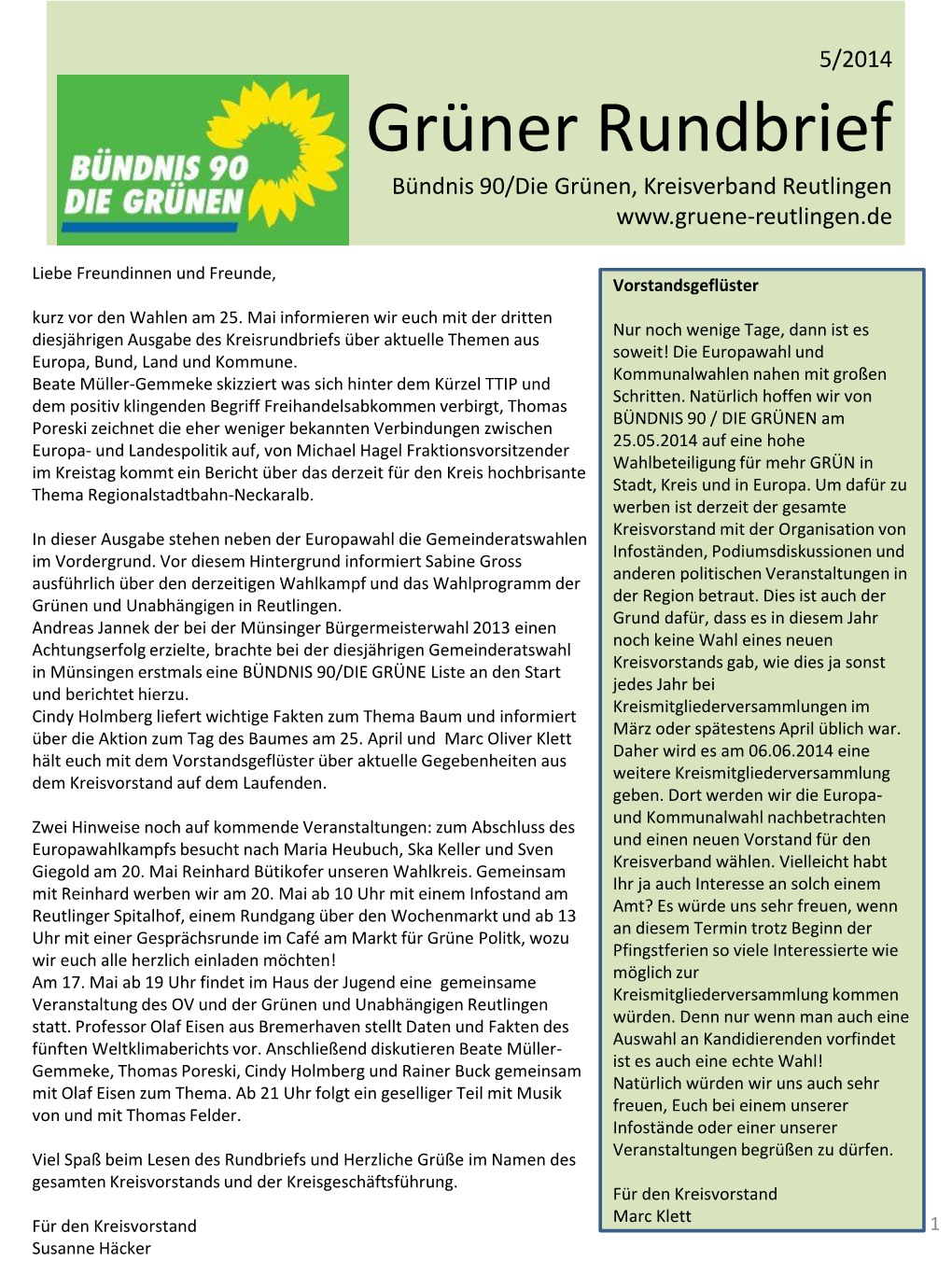 Grüner Rundbrief Bündnis 90/Die Grünen, Kreisverband Reutlingen