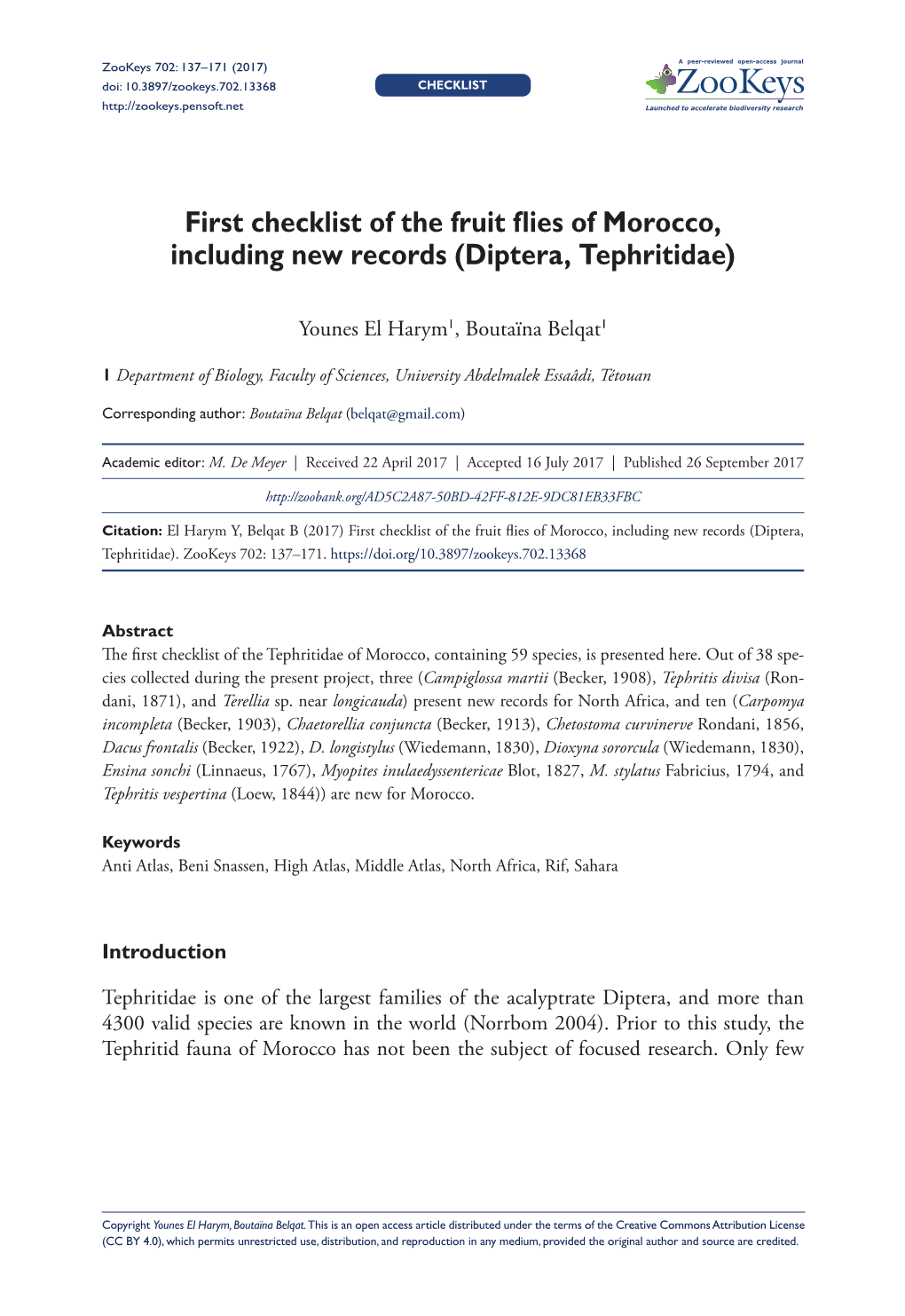 Diptera, Tephritidae) 137 Doi: 10.3897/Zookeys.702.13368 CHECKLIST Launched to Accelerate Biodiversity Research