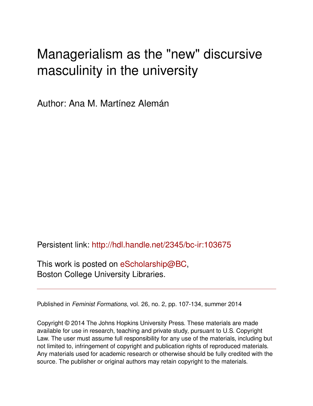 Managerialism As the "New" Discursive Masculinity in the University