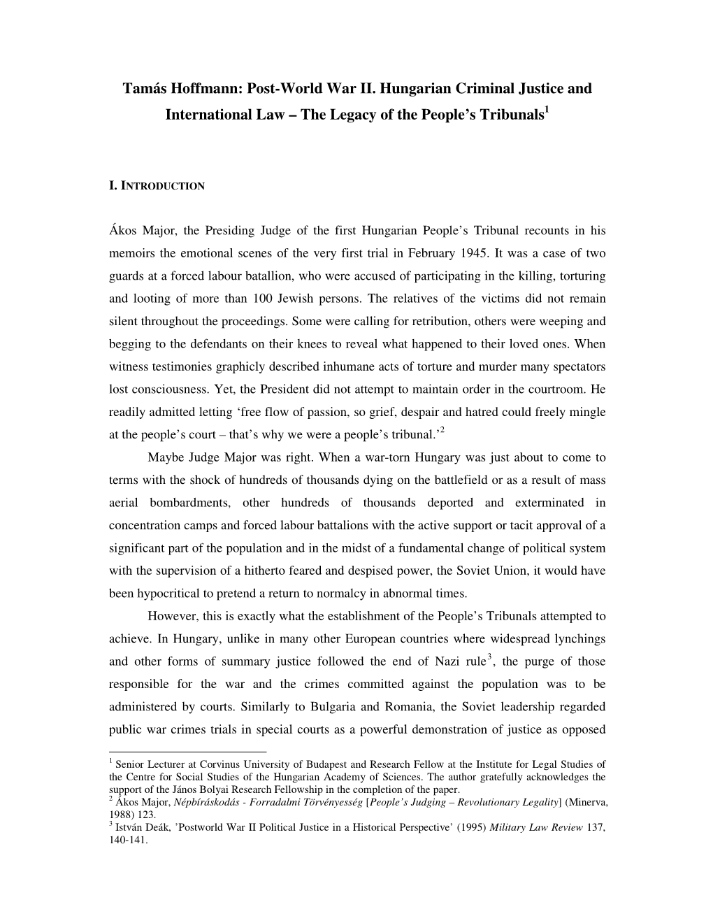 Post-World War II. Hungarian Criminal Justice and International Law – the Legacy of the People’S Tribunals 1