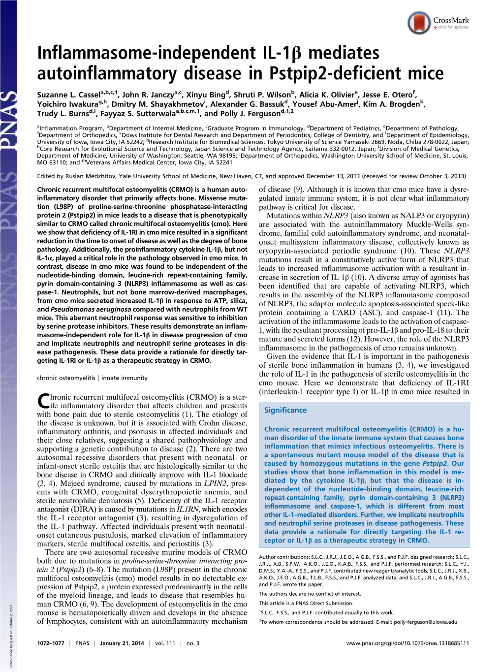 Inflammasome-Independent IL-1Β Mediates Autoinflammatory Disease in Pstpip2-Deficient Mice