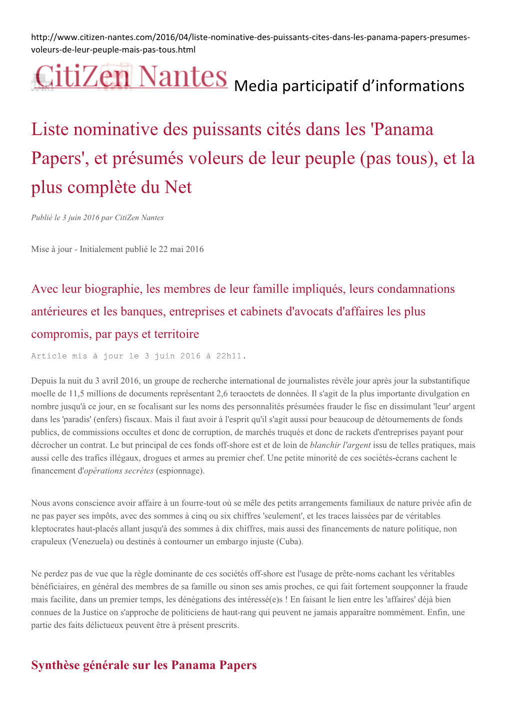 Liste Nominative Des Puissants Cités Dans Les 'Panama Papers', Et Présumés Voleurs De Leur Peuple (Pas Tous), Et La Plus Complète Du Net