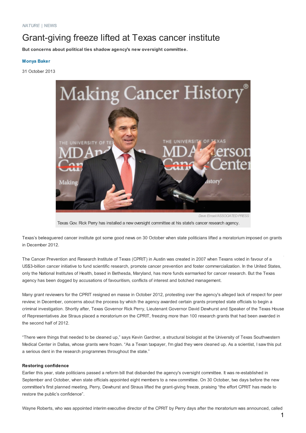 Grant-Giving Freeze Lifted at Texas Cancer Institute but Concerns About Political Ties Shadow Agency's New Oversight Committee