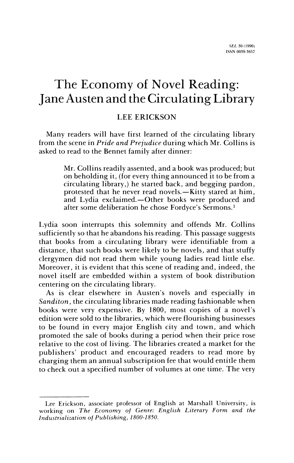 The Economy of Novel Reading: Jane Austen and the Circulating Library