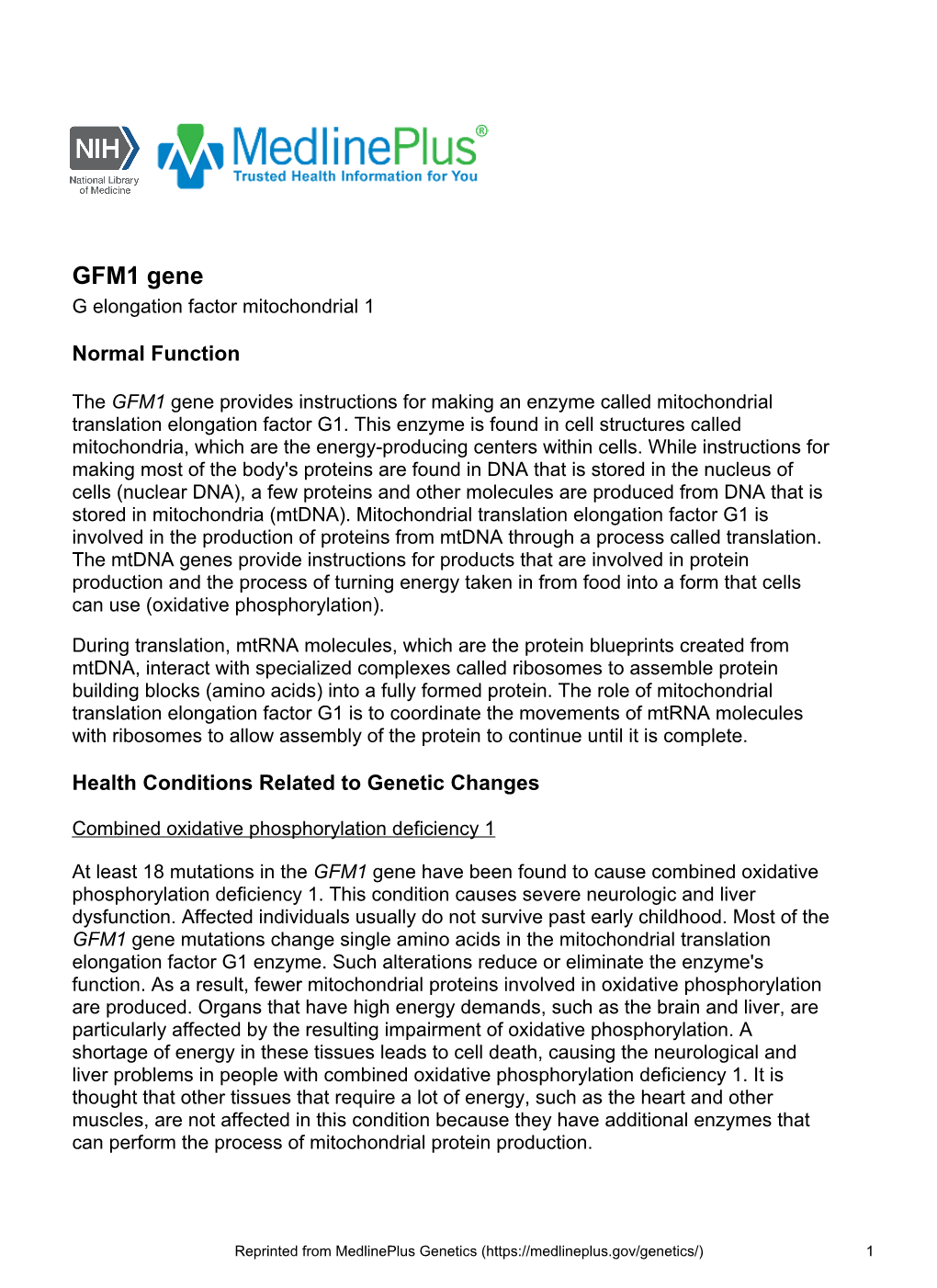 GFM1 Gene G Elongation Factor Mitochondrial 1