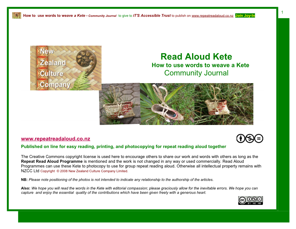 Read Aloud Kete How to Use Words to Weave a Kete Community Journal