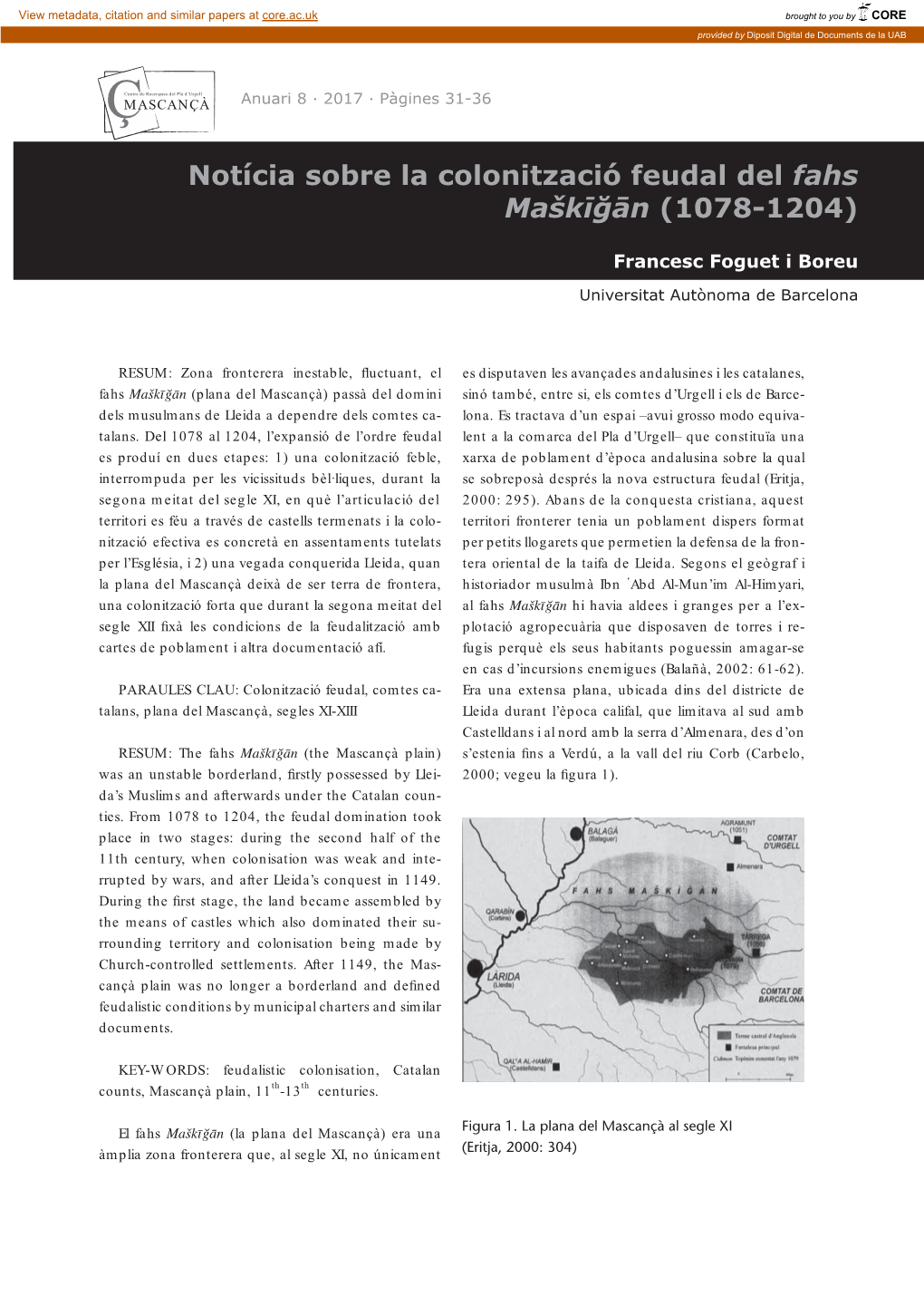 Notícia Sobre La Colonització Feudal Del Fahs Maškīğān (1078-1204)