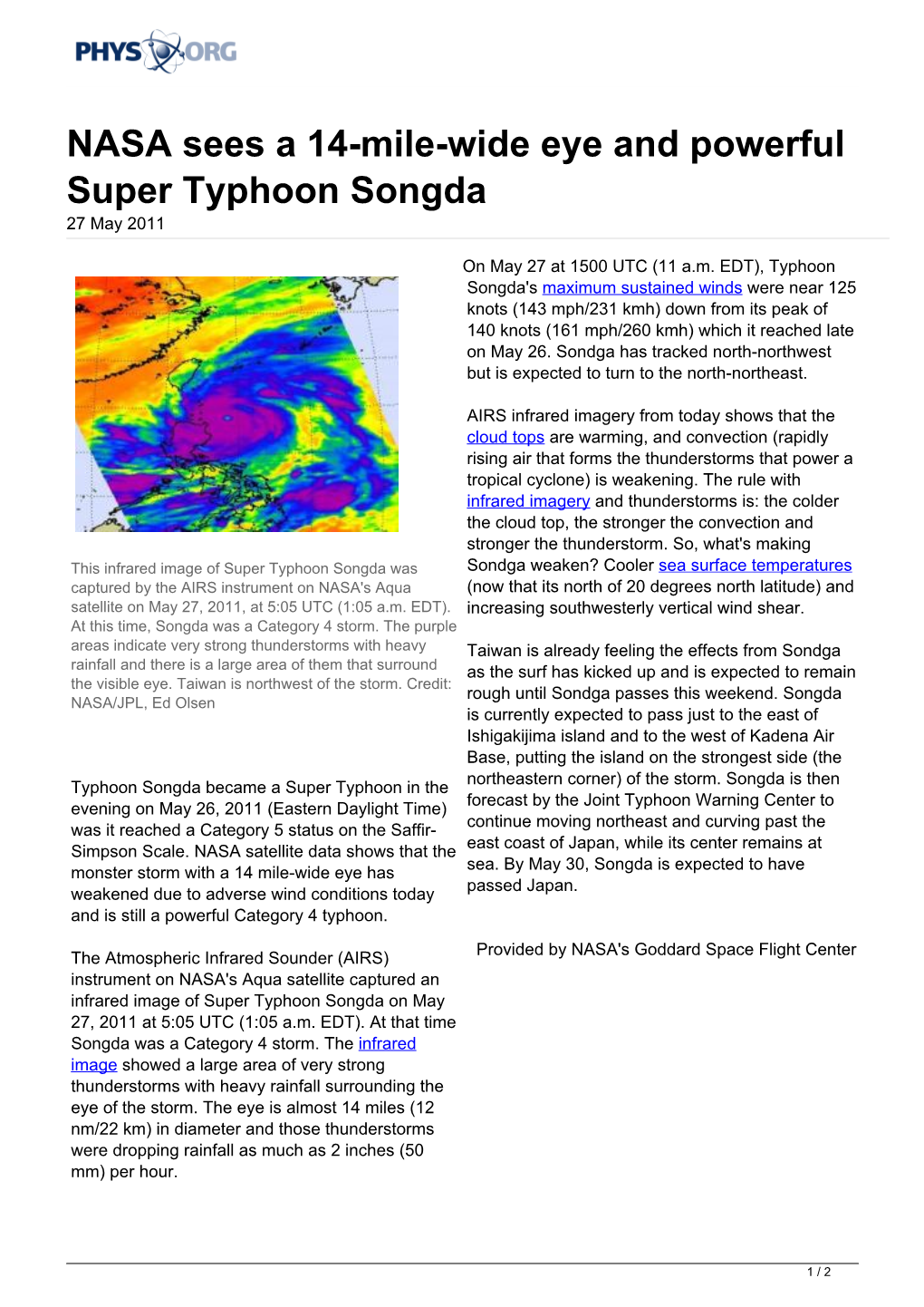 NASA Sees a 14-Mile-Wide Eye and Powerful Super Typhoon Songda 27 May 2011