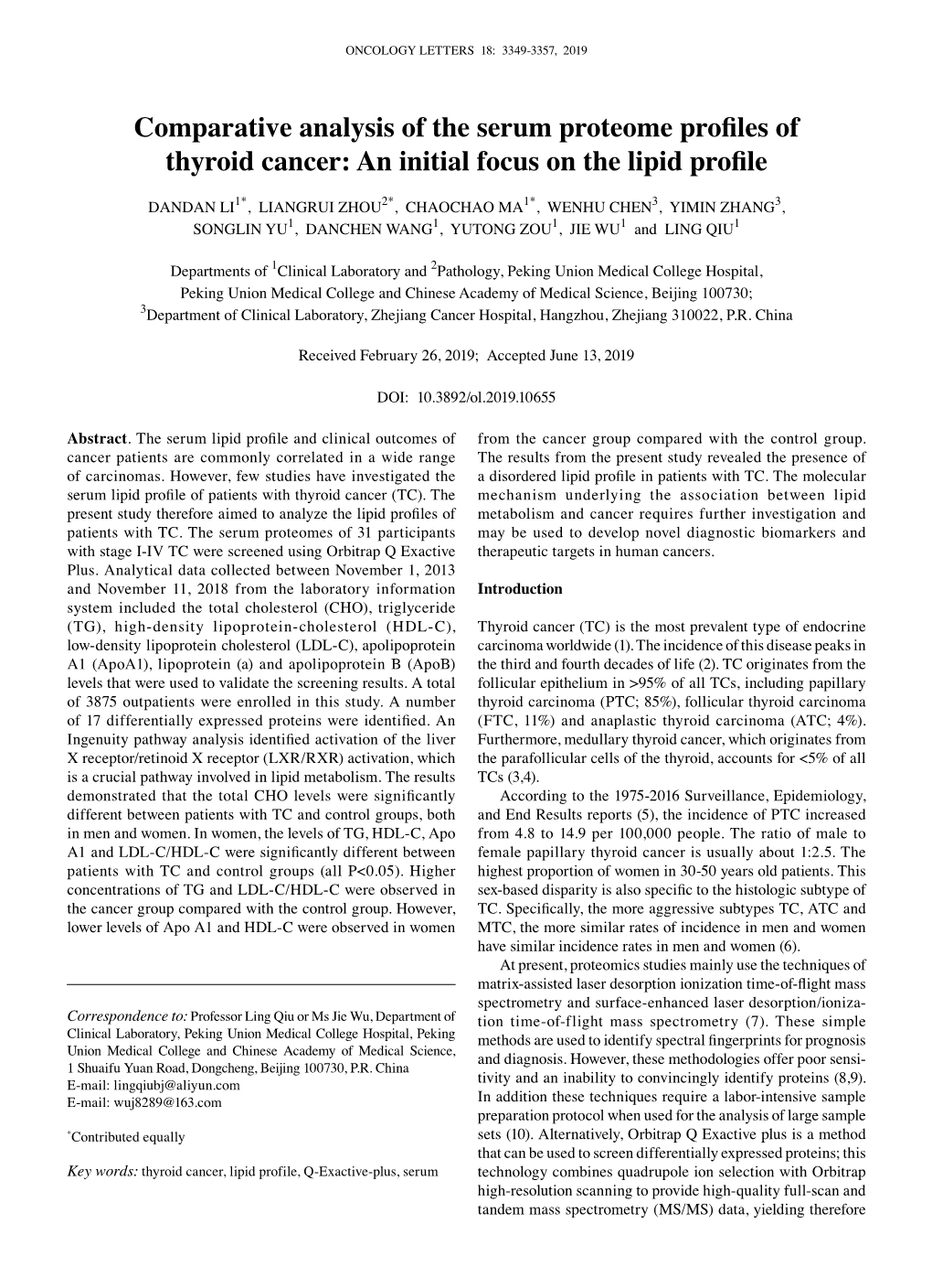 Comparative Analysis of the Serum Proteome Profiles of Thyroid Cancer: an Initial Focus on the Lipid Profile