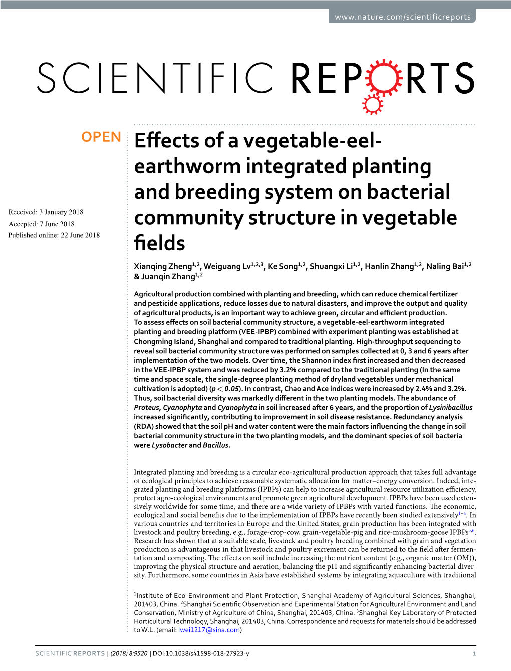 Earthworm Integrated Planting and Breeding System on Bacterial Community Structure in Vegetable Fields