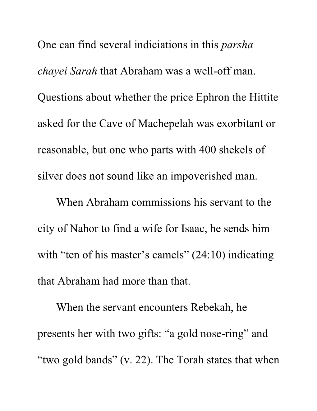 Parsha Chayei Sarah That Abraham Was a Well-Off Man