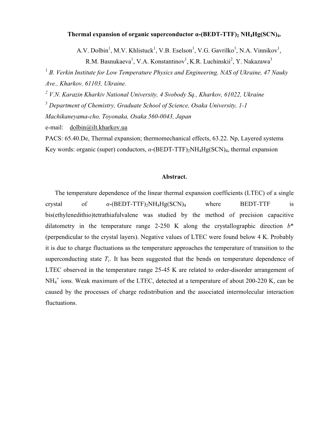 Thermal Expansion of Organic Superconductor Α-(BEDT-TTF)2 Nh4hg(SCN)4