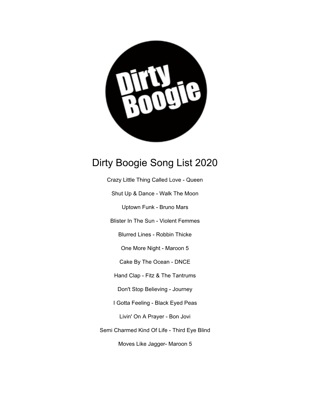 Dirty Boogie Song List 2020