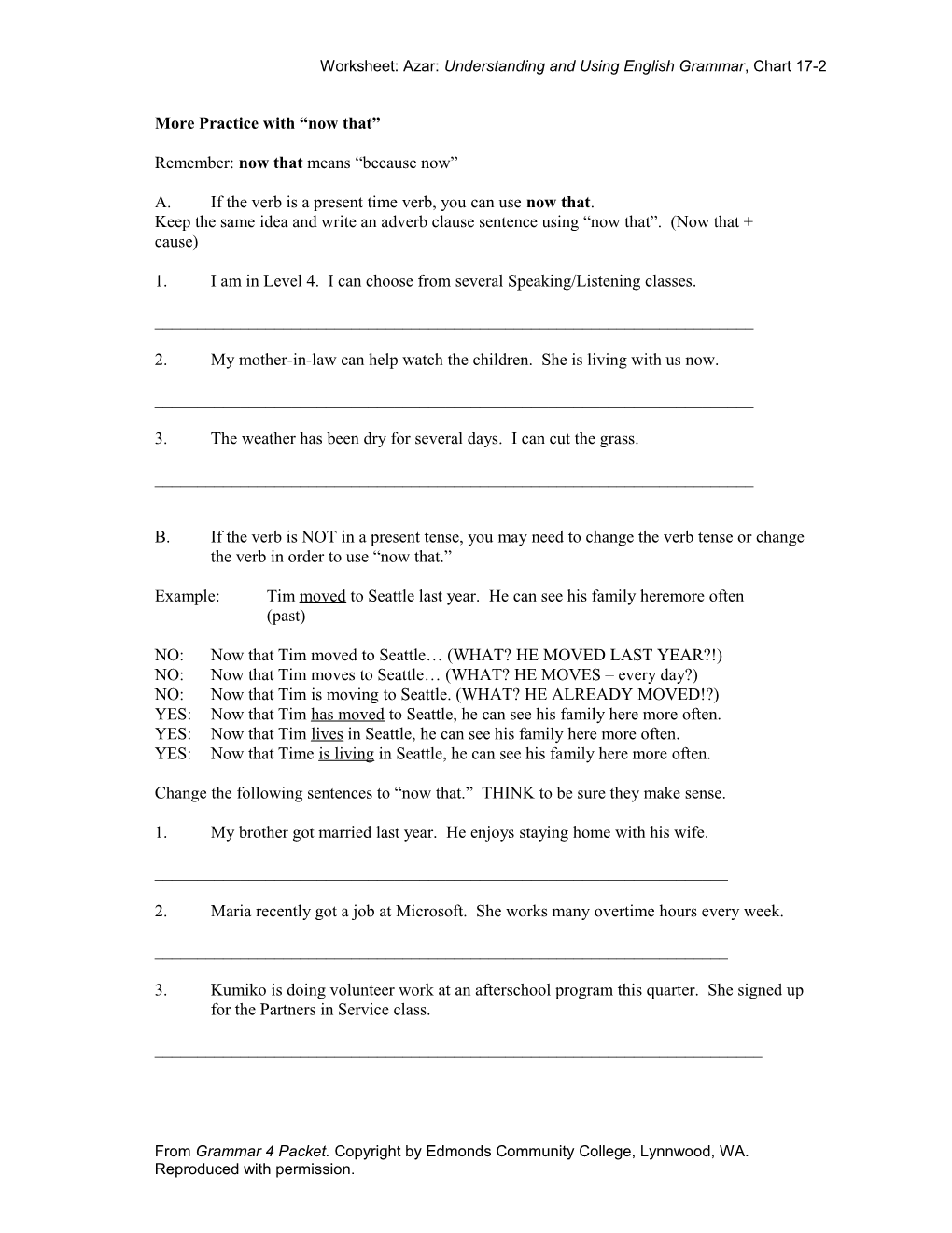 Worksheet: Azar: Understanding and Using English Grammar , Chart 17-2